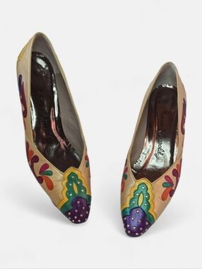 VTG 80's Margaret Jerrold Leather Gold Pumps Novelty FolkArt Eclectic Sz.8N